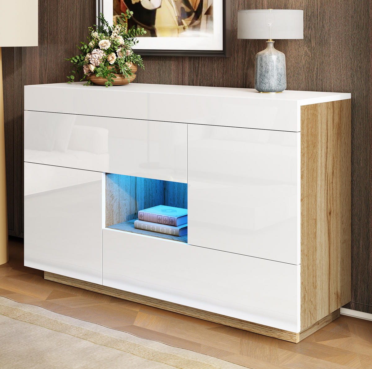 SIDEBOARD 120/37/76,5 cm mit 2 Türen, 2 Schubladen & LED in Weiß - Weiß, Holzwerkstoff (120/37/76.5cm) - BEAOK