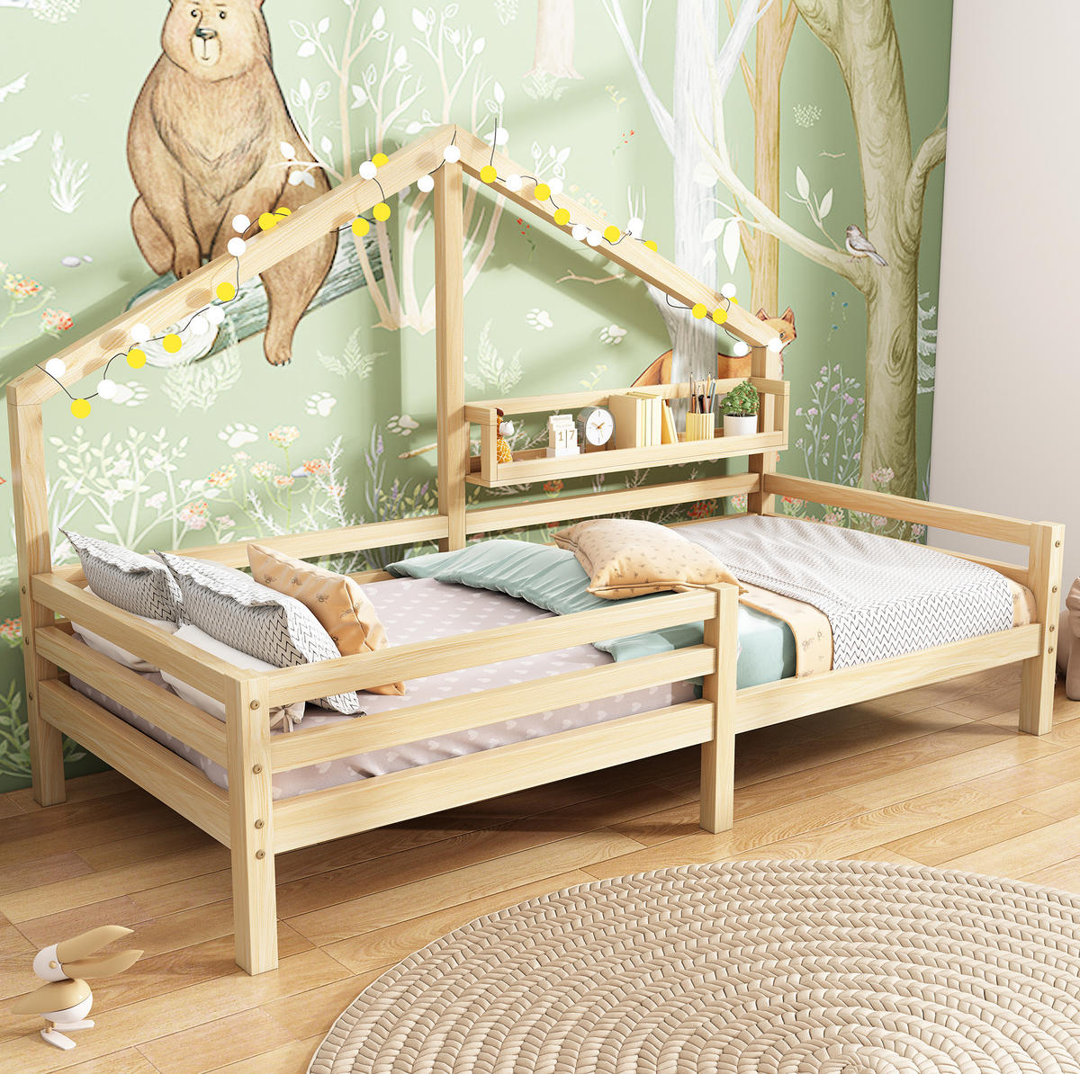 KINDEREINZELBETTEN aus Kiefer 90x200 cm in Natur mit Ablageregal - Naturfarben, Holz (90/200cm) - Modfu