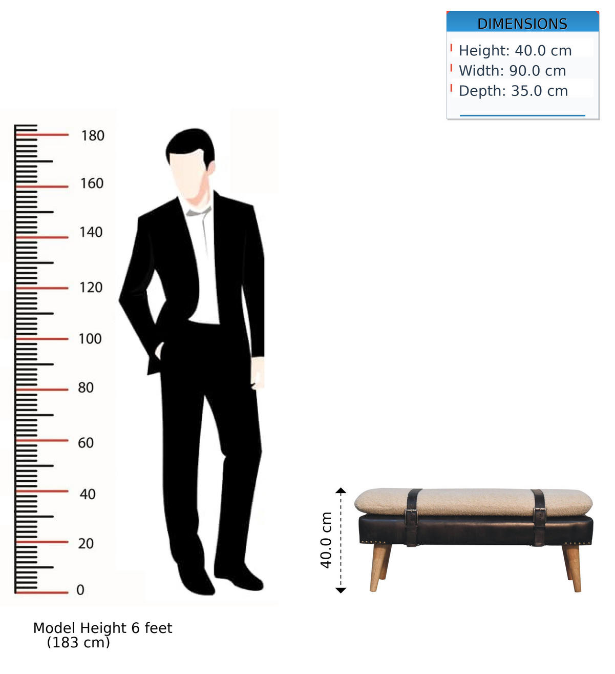 BANK Bouclé Büffelleder Schwarz, Gürtelriemen-Design, Braun - Braun, Holz (90/40/35cm) - Artisan Furniture