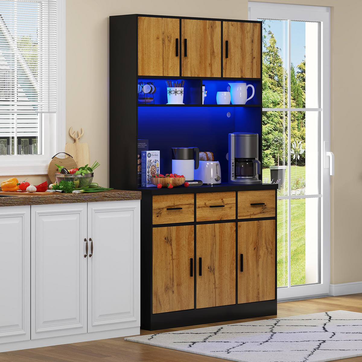 KÜCHENBUFFET in Schwarz und Naturfarbe Küchenschrank mit LED und Schubladen für Küchen und Esszimmer, B100/T40/H180 cm - Naturfarben, Holzwerkstoff (100/180/40cm) - STILVORA