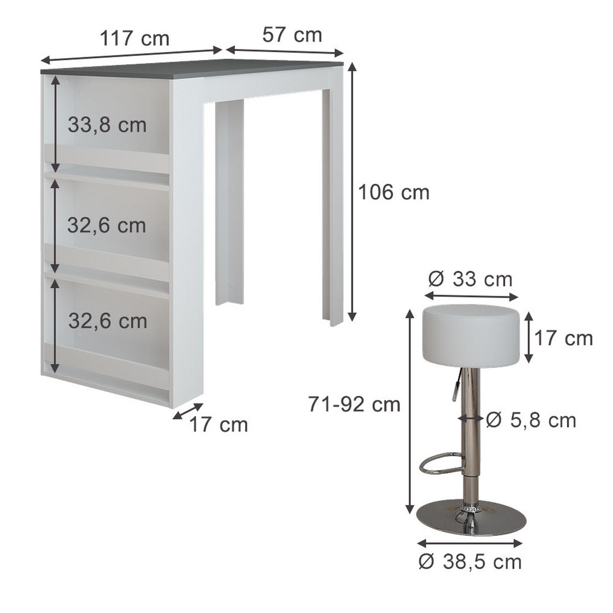 STOJACÍ BAROVÝ STŮL SE ŽIDLEMI Repose Bílá/antracitová - bílá, kompozitní dřevo (117/57/106cm) - Vicco