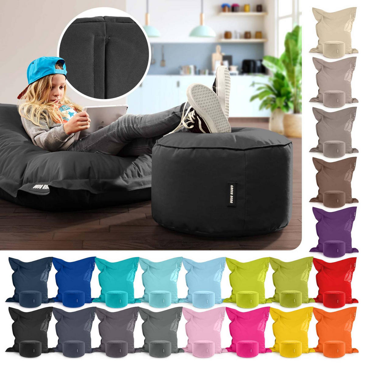 XXL-SITZSACK + Pouf 2er Set - 140x180cm - Schwarz, Textil (140/25/180cm) - Green Bean