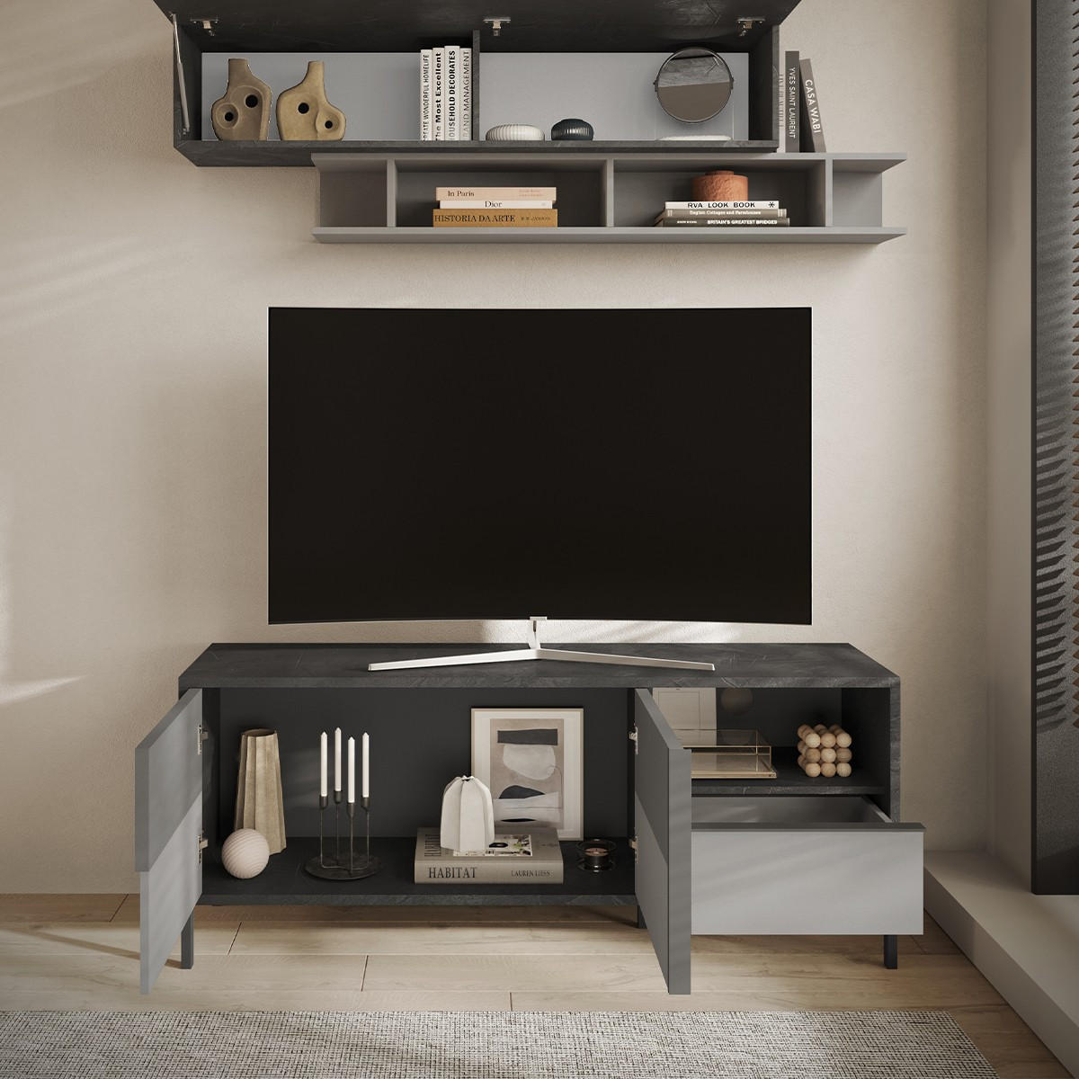 TV-MÖBEL mit 2 Türen, 1 Schublade und 1 Nische Everest - 156/40/64 cm - Grau, Holzwerkstoff (40/64/156cm) - Calicosy