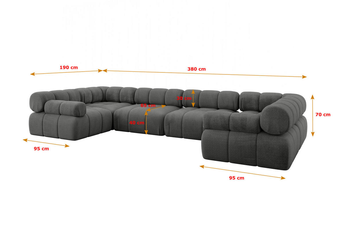 WOHNLANDSCHAFT modulares Sofa Birno-U2 - 380x190x70 cm Dunkelgrau Velours - Dunkelgrau, Holzwerkstoff/Textil (380/70/190cm) - ALTDECOR