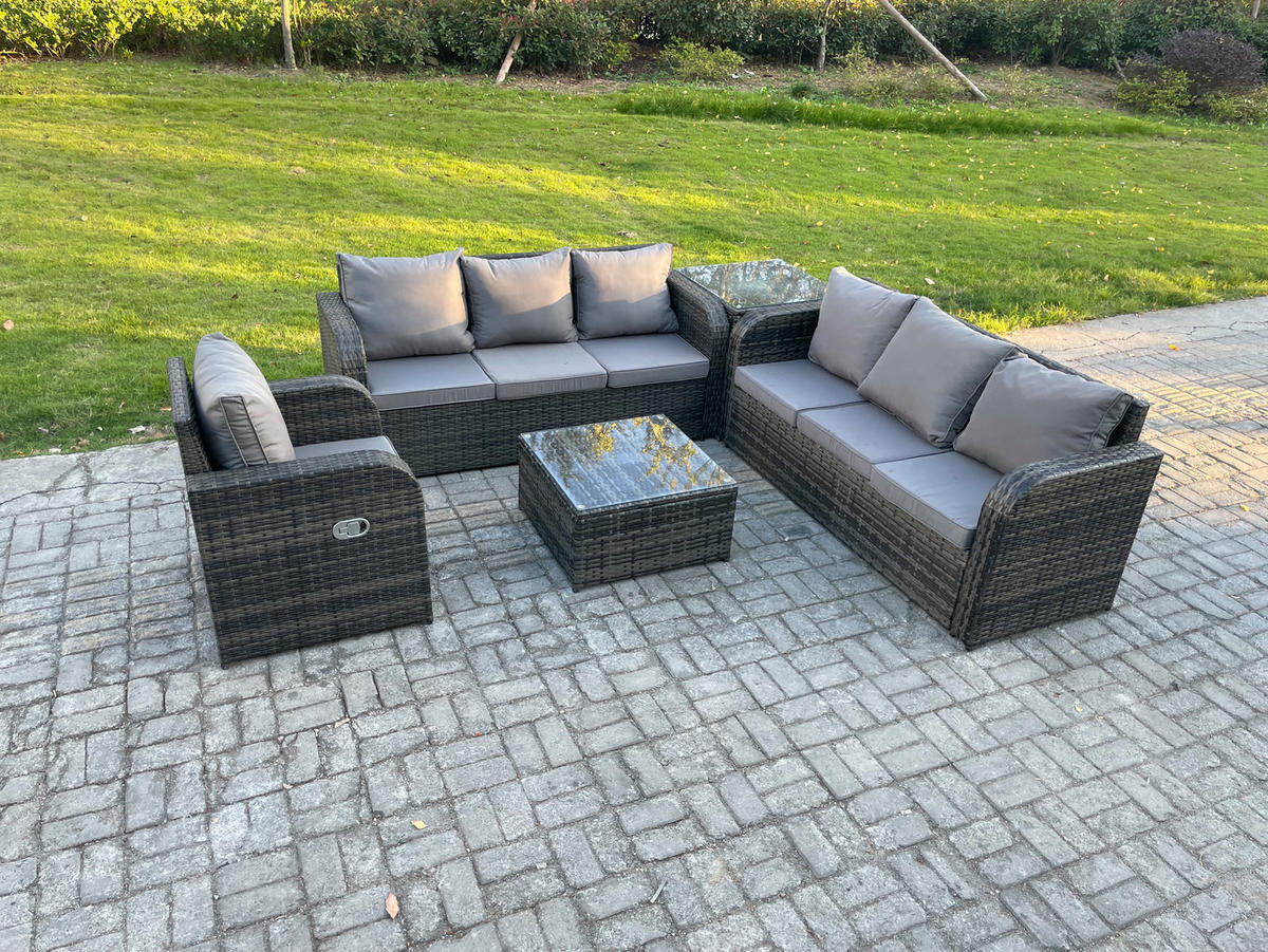 GARTENMÖBEL SET mit 3-SITZER SOFA Polyrattan Dunkelgrau 7-Sitzer - Dunkelgrau/Grau, Glas/Kunststoff - Fimous