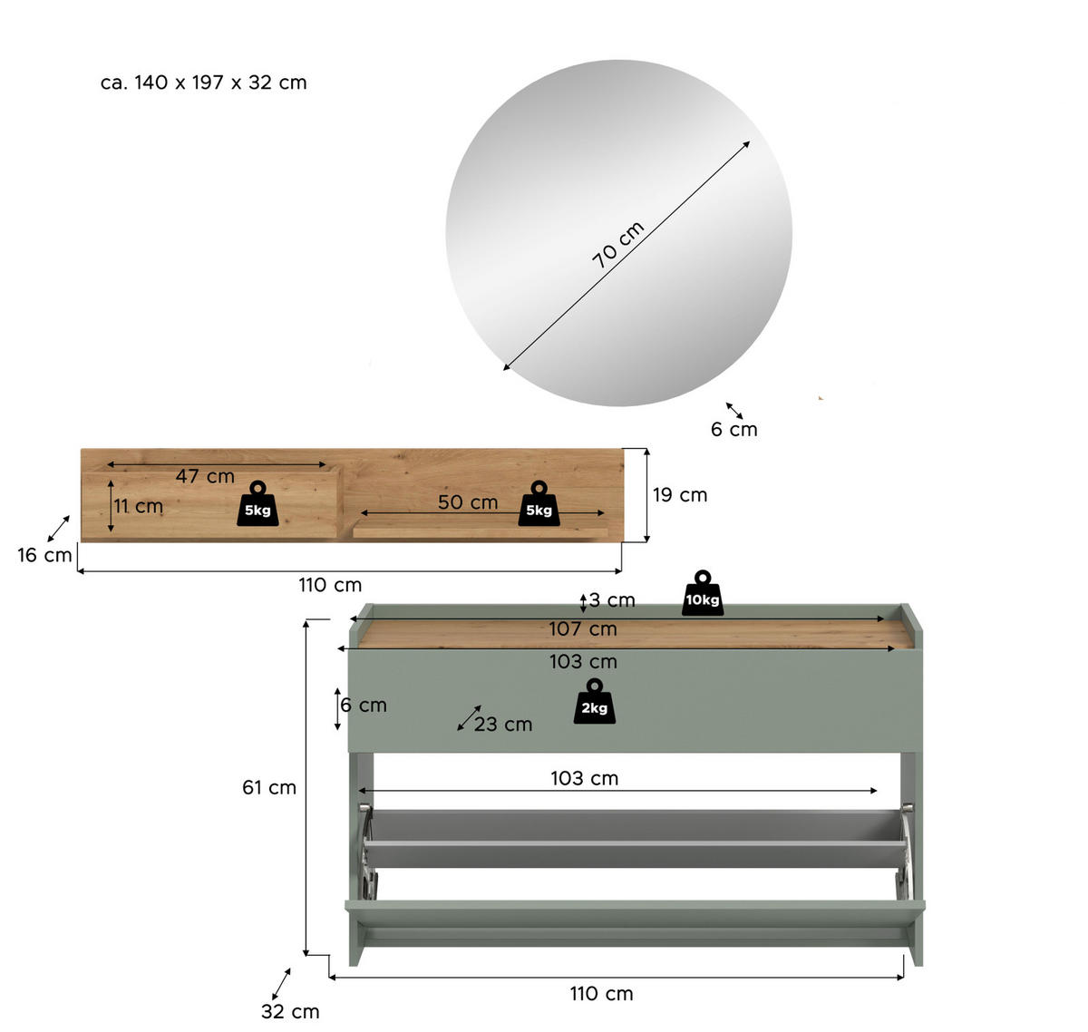 GARDEROBEN-SET Salbei grün, Artisan Eiche 140 cm 3-teilig, Garderobenschränke hängend - Salbeigrün/Eiche Artisan, Glas/Holzwerkstoff (140/197/32cm) - Inn.Furn