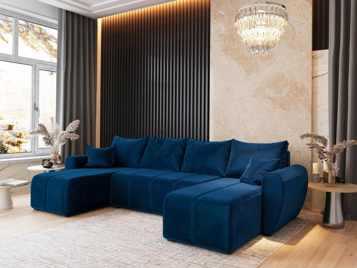 WOHNLANDSCHAFT MADISON U Blau Plüsch-Stoff mit Schlaffunktion - Blau, Holz (311/82/145cm) - MASSENO