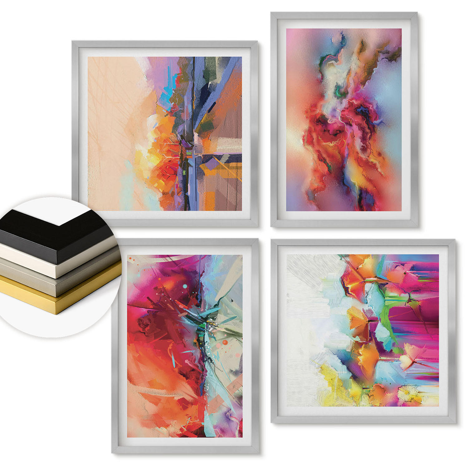 WANDBILDER 4er Set - 50x50 cm & 40x60 cm Silberner Rahmen - Farbenfrohe Abstraktionen der Form - Silberfarben, Kunststoff (50/50cm) - ArtPrintCave