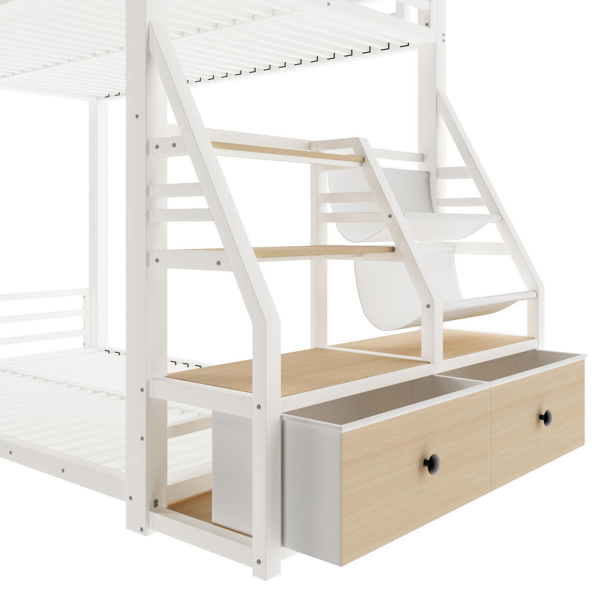 ETAGENBETT 90/200 cm & 90/200 cm in Weiß mit 2 Stoffschubladen, LED und Ablagen - Weiß, Holzwerkstoff/Metall (90/200cm) - STILVORA