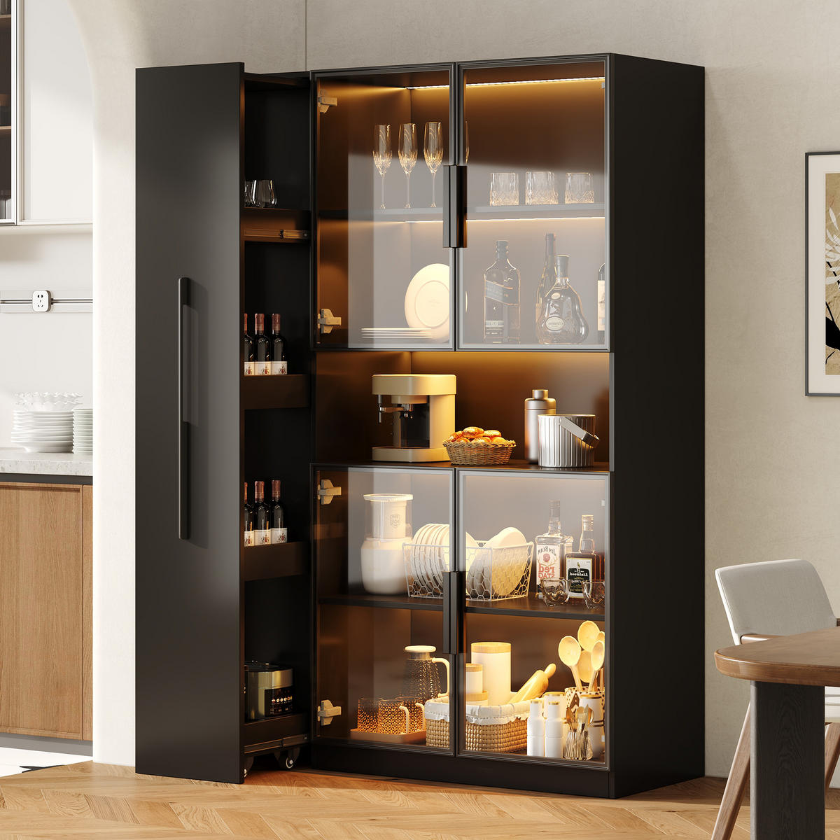 VITRINE 110cm Schwarz Glas LED Schubladen modern - Schwarz, Holzwerkstoff (110/160/35cm) - FLIEKS