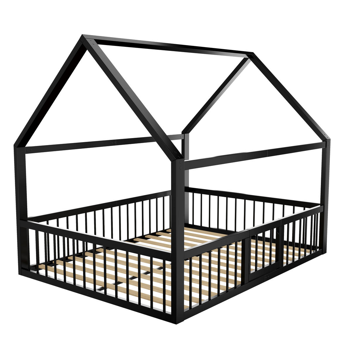 KINDERBETT 140/200 cm in Schwarz mit Dachdesign und Sicherheitsgeländer - Schwarz, Holzwerkstoff/Metall (140/200cm) - WISHDOR
