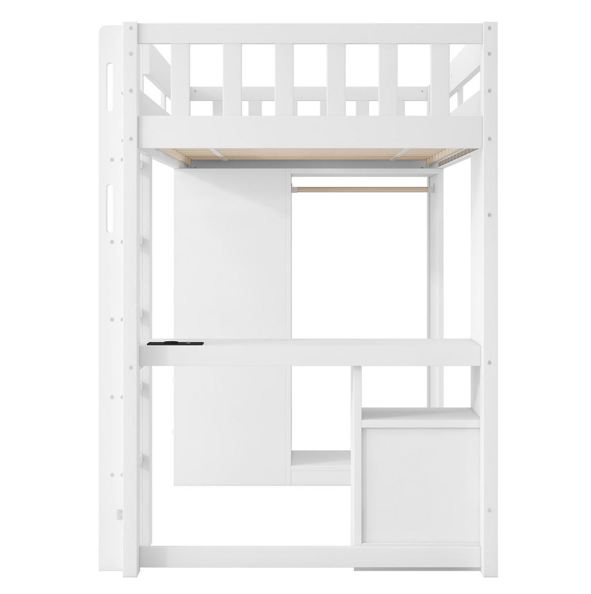 HOCHBETT 90/200 cm aus Massivholz und MDF mit Schreibtisch, LED, USB, 4 Schubladen und Kleiderschrank, Weiß - Weiß, Holzwerkstoff (90/200cm) - Redom