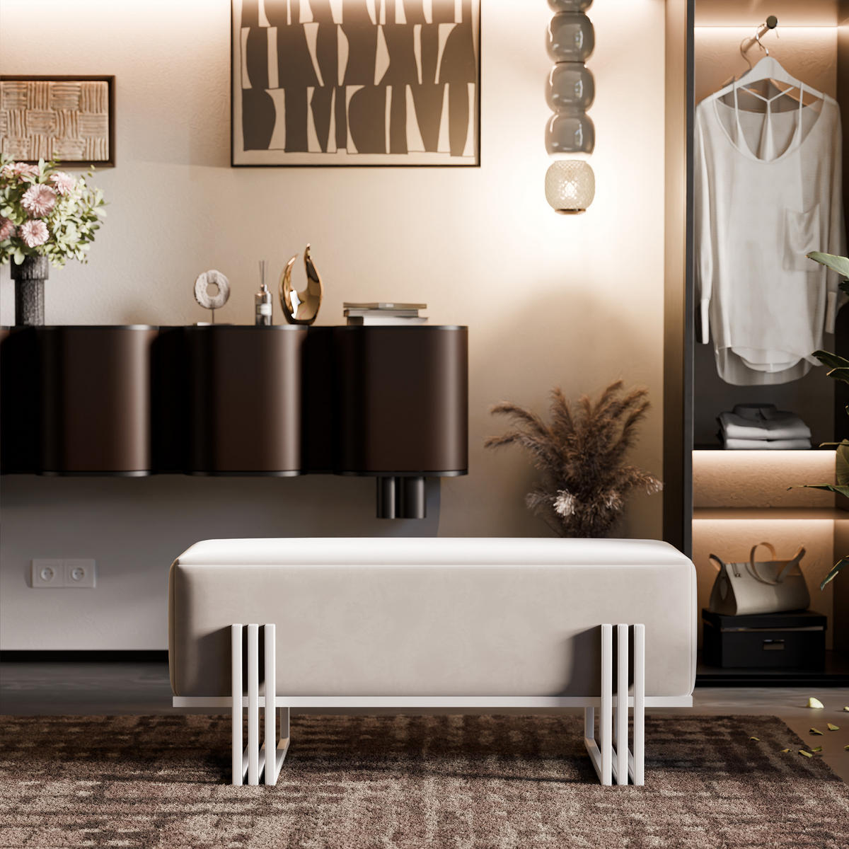 POLSTERBANK TEO 80 cm Weiß / Creme ,Metallgestell - Creme, Metall (80/47/35cm) - Idohome
