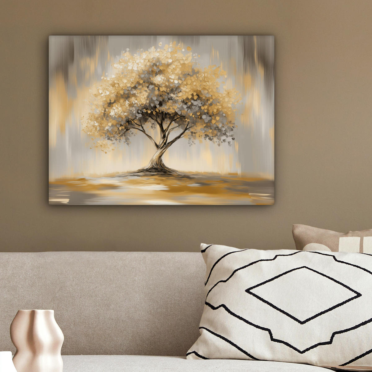 LEINWANDBILD Gemälde - Baum - Abstrakt - Blätter Wandbild 40x30 cm - Beige, Textil (40/30cm) - MuchoWow