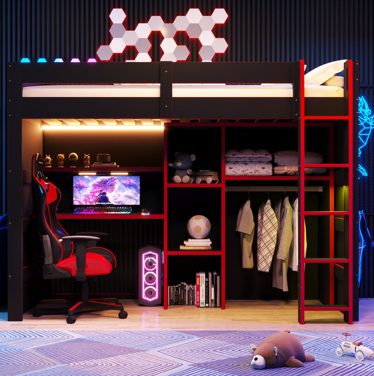 HOCHBETT aus MDF und Sperrholz 90x200 cm Schwarz/Rot mit Schreibtisch, Kleiderschrank und LED-Beleuchtung - Schwarz, Holzwerkstoff (90/200cm) - Modfu