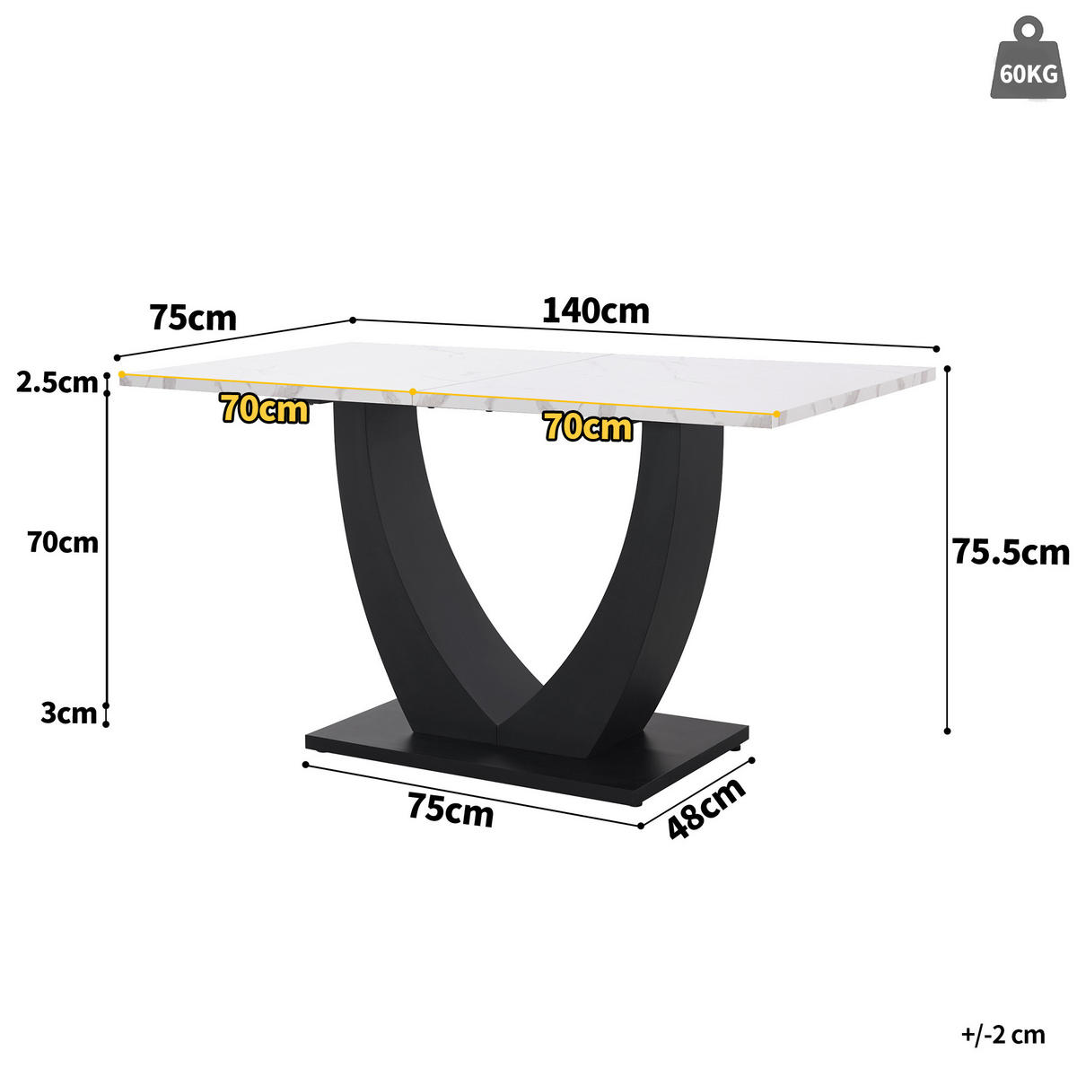 ESSTISCH 140/75,5/75 cm Weiß/Schwarz aus MDF und Metall mit verstellbaren Füßen - Weiß, Holzwerkstoff (140/75/75.5cm) - OKMYHOME