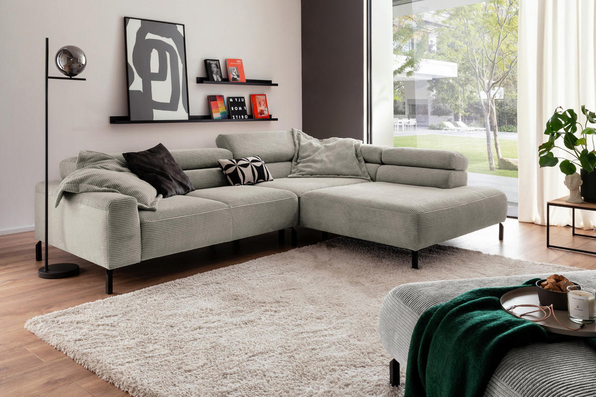 ECKSOFA MIT MOTORISCHEM SITZVORZUG DELIA Steingrau Cord - Greige/Schwarz, Textil/Metall (312/219cm) - KAWOLA