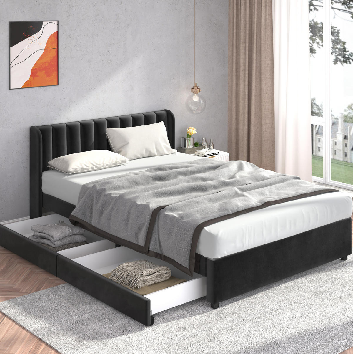 BETT mit 2 Schubladen und Lattenrost 160x200 cm Samt Schwarz - Schwarz, Holzwerkstoff (160/200cm) - Beauniv