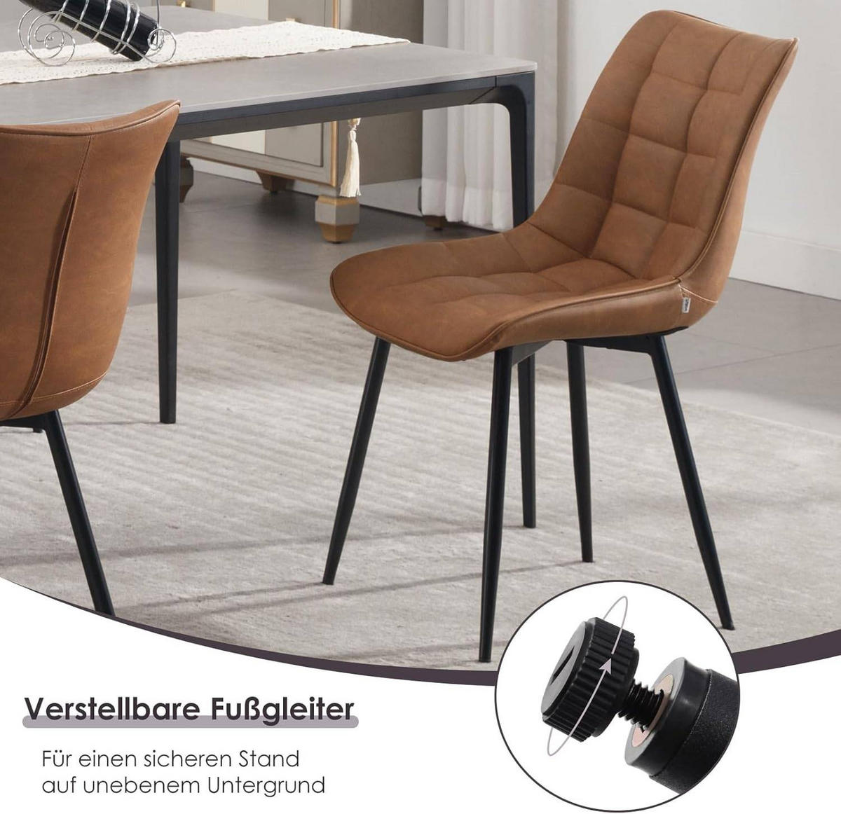ESSZIMMERSTUHL 2er Set, Sitzfläche aus Kunstleder - Hellbraun/Schwarz, Metall (46.5/85.5/46cm) - Woltu