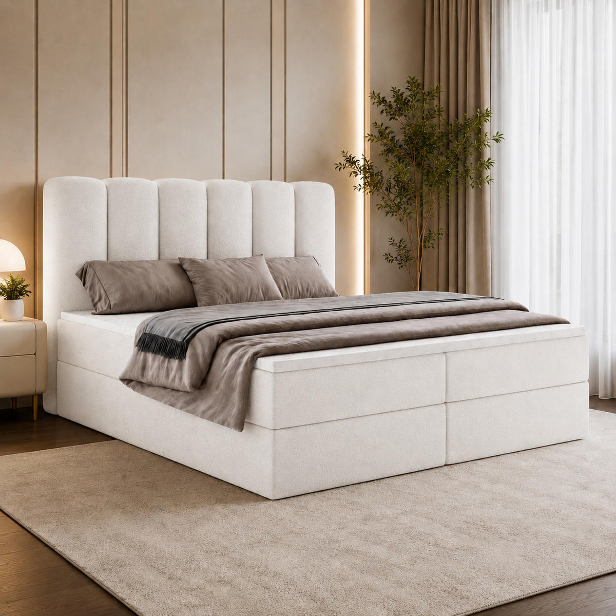 BOXBET NOLARO 160x200 cm Komplett-Set mit Bettkasten, Bonell-Matratze und Topper, Bouclé Weiß - Weiß, Textil (160/200cm) - Luxkor24