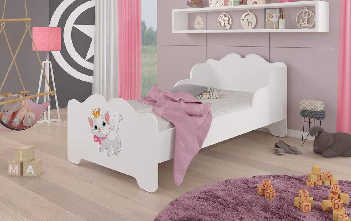 KINDERBETT Ximena 164 / 88 / 63cm weiß / Motiv Katze - Multicolor/Weiß, Holz/Holzwerkstoff (80/160cm) - Feldmann-Wohnen