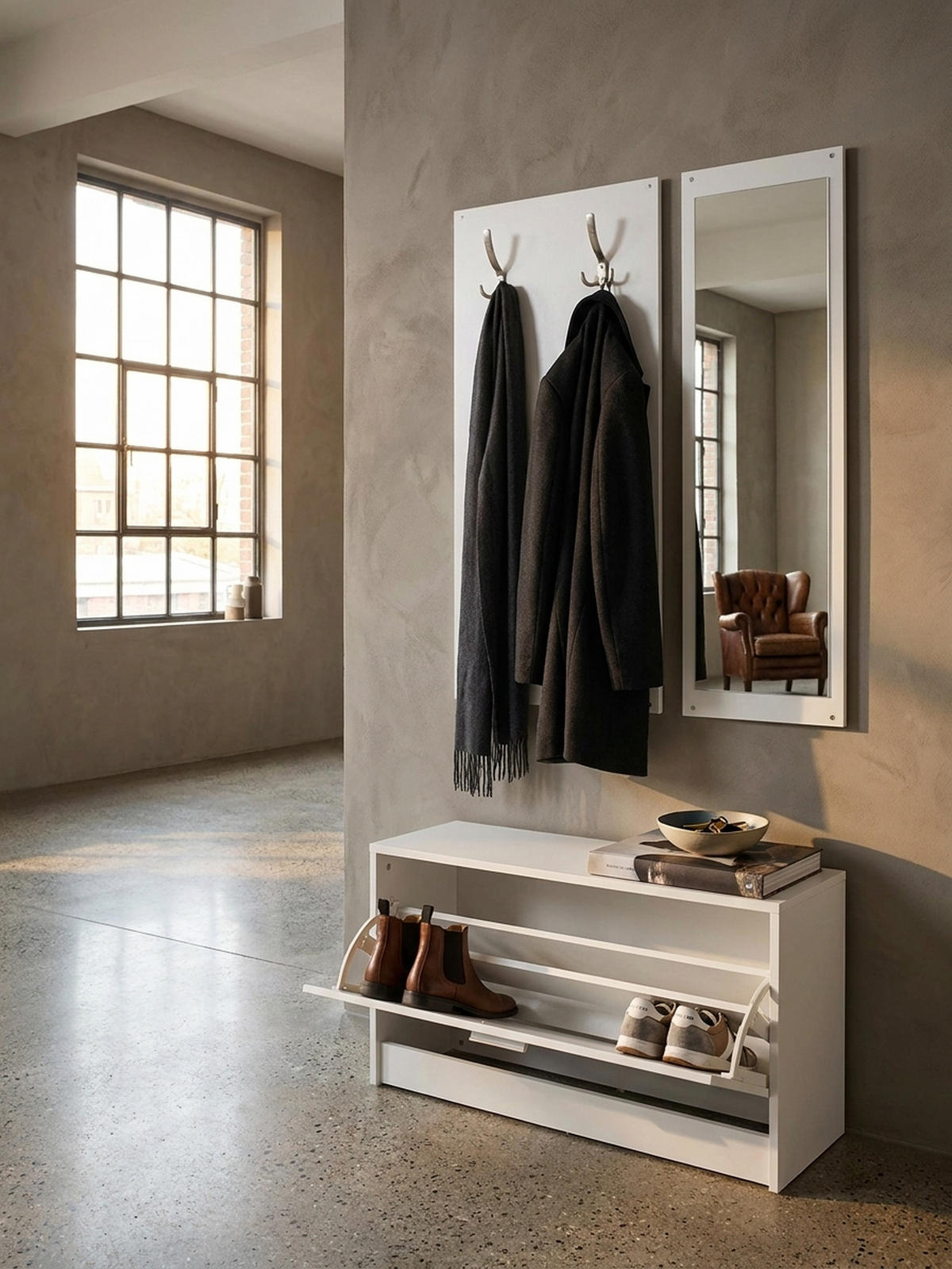 WANDGARDEROBE mit Spiegel, 10 Haken und Platz für 8 Paar Schuhe DELFT, Weiß 80x27x180 cm - Weiß, Holz (80/180/27cm) - KADIMA DESIGN