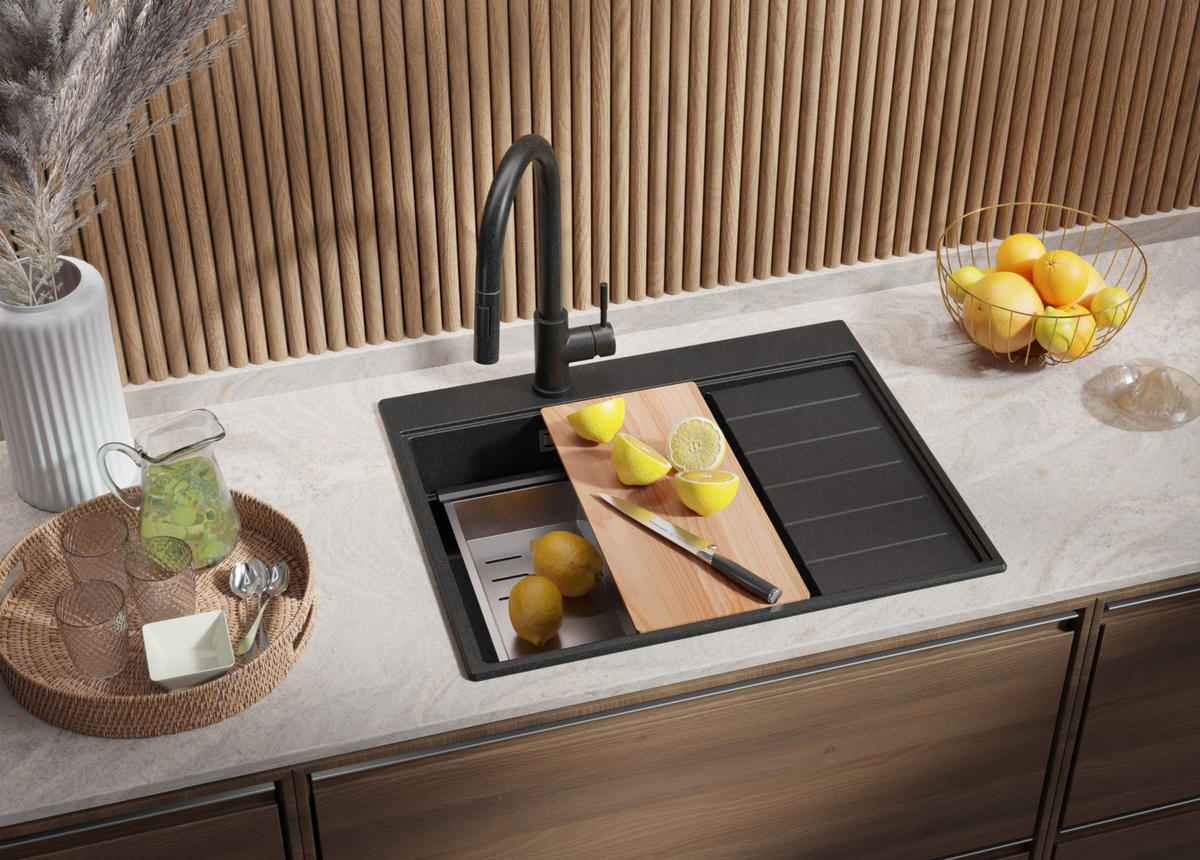 SPÜLBECKEN Sydney, 2-er set Anthrazit 62/50 cm 1 Becken + Ablauf-Set + Küchenzubehörset ab 45er Unterschrank - Chromfarben/Anthrazit, Kunststoff (62/20/50cm) - Primagran