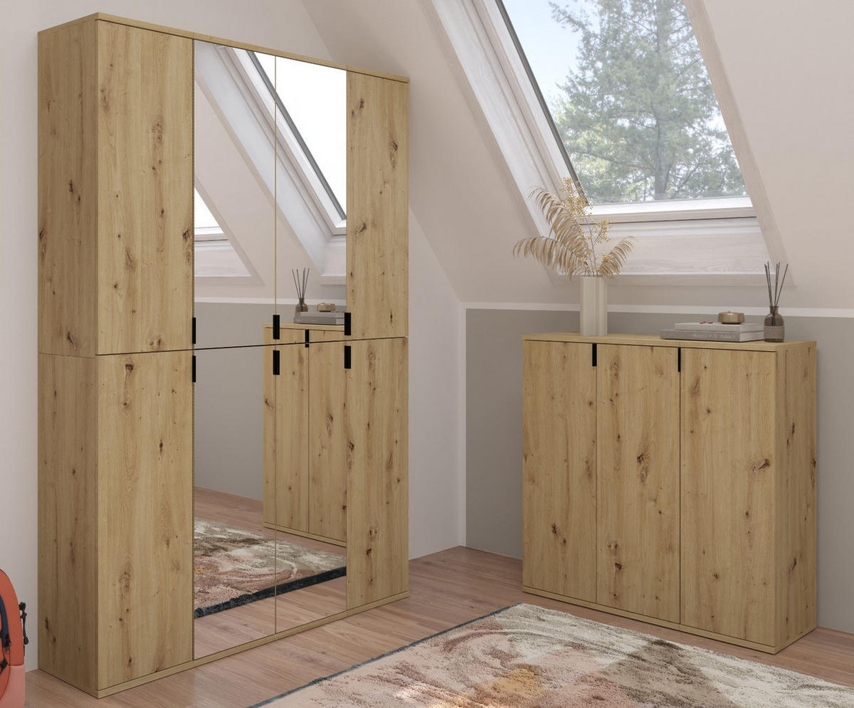 GARDEROBENSCHRANK Eiche Artisan 121 cm, Flurschrank mit Spiegel - Chromfarben/Schwarz, Glas/Holzwerkstoff (121/193/34cm) - Inn.Furn