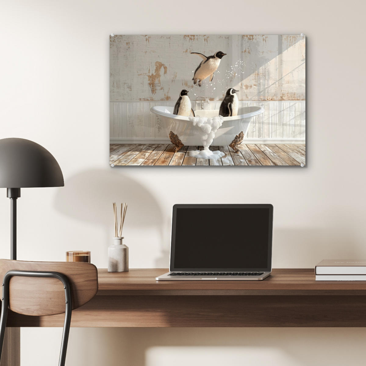 ACRYLGLASBILD Vintage - Pinguin - Badewanne - Schaumstoff 60x40 cm - Schwarz, Glas (60/40cm) - MuchoWow