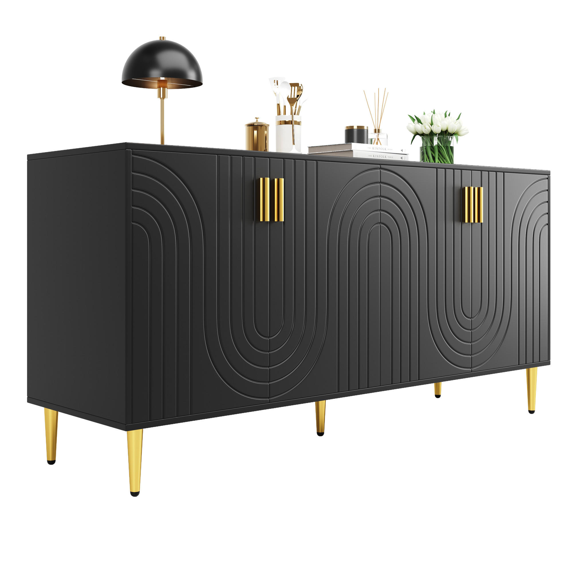 SIDEBOARD 152/40/75 cm Schwarz aus MDF mit Wellendesign - Schwarz, Holzwerkstoff (40/75/152cm) - OKMYHOME