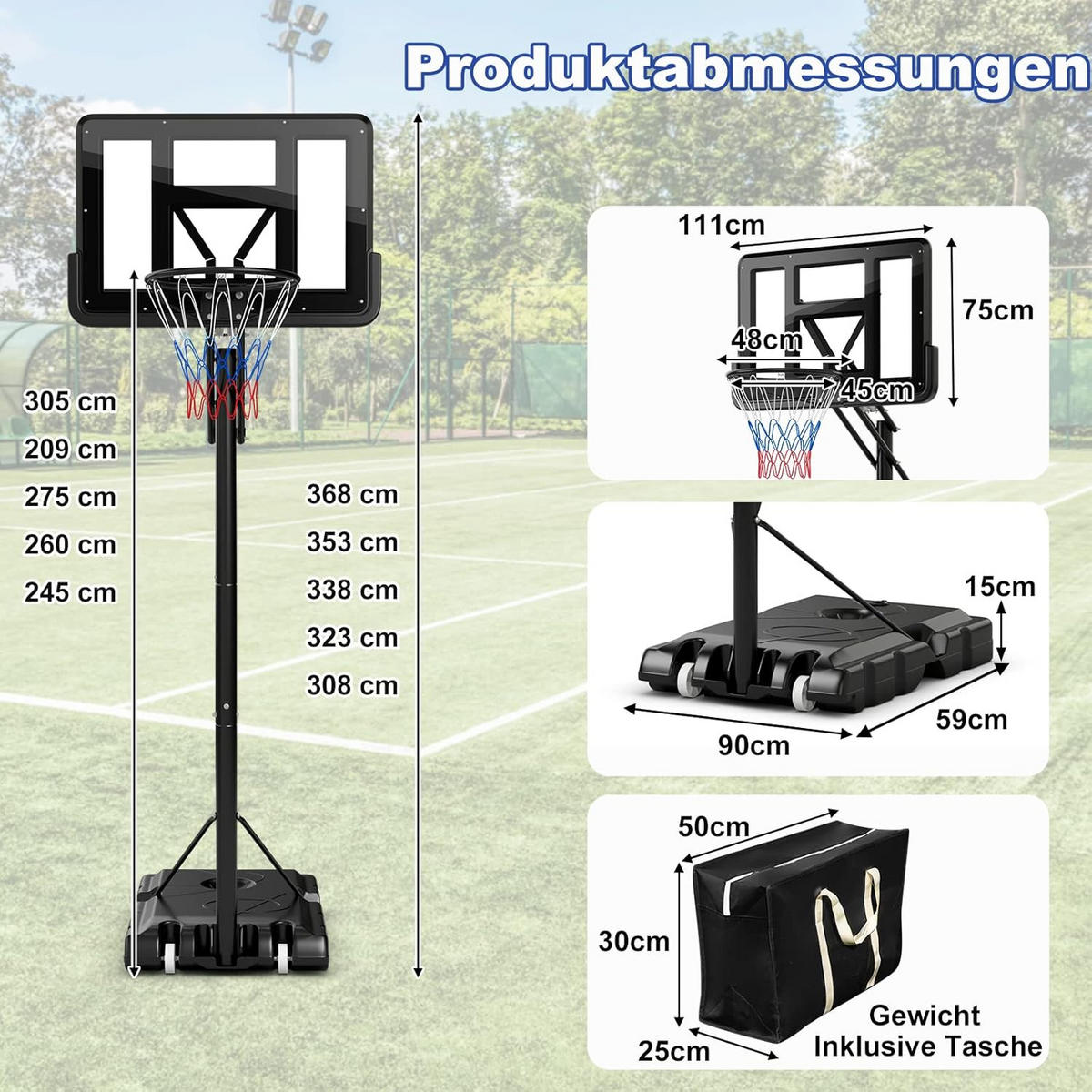 TRAGBARER BASKETBALLKORB Schwarz - Schwarz, Metall (90/59cm) - COSTWAY