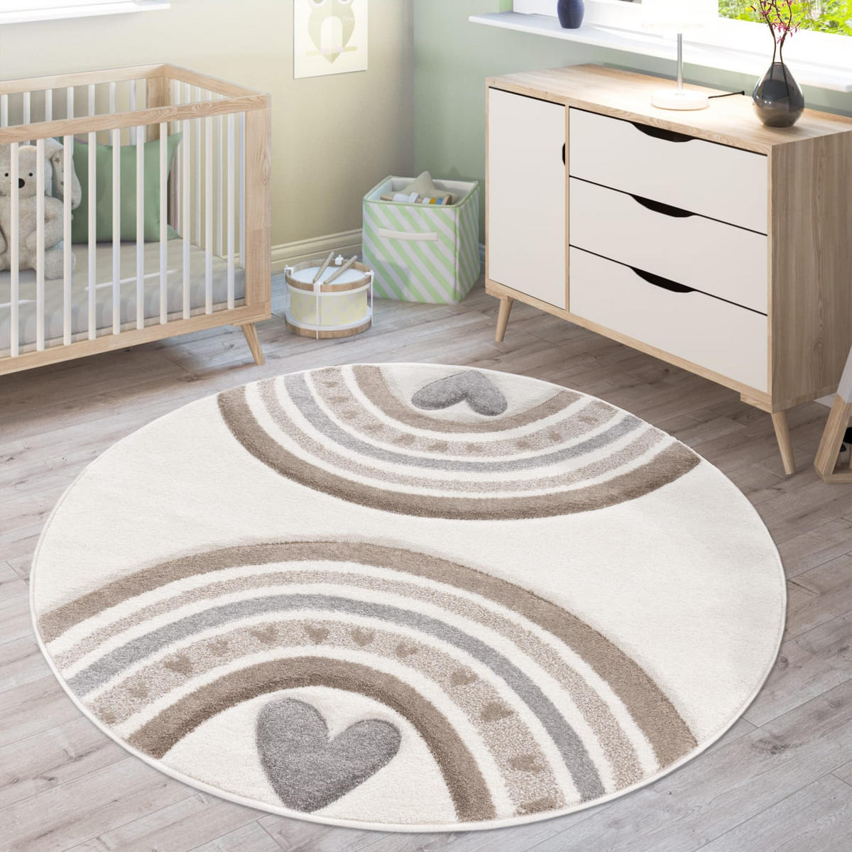KINDERTEPPICH Regenbogen mit Herz Kinderzimmer schmutzabweisend Beige Rund 120D - Beige, Textil (120/120cm) - KADIMA DESIGN