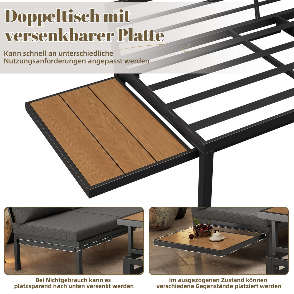 LOUNGESET Grau 2 Doppelsofas 1 Hocker Mit Hubtisch - Grau, Metall - FLIEKS