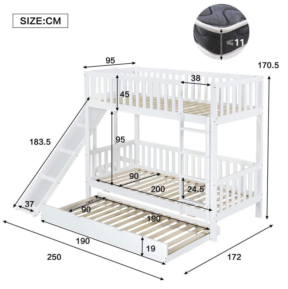 ETAGENBETT 250/172/170,5 cm aus Kiefer und MDF mit Rollbett und Rutsche Weiß - Weiß, Holzwerkstoff (90/200cm) - Modenvie