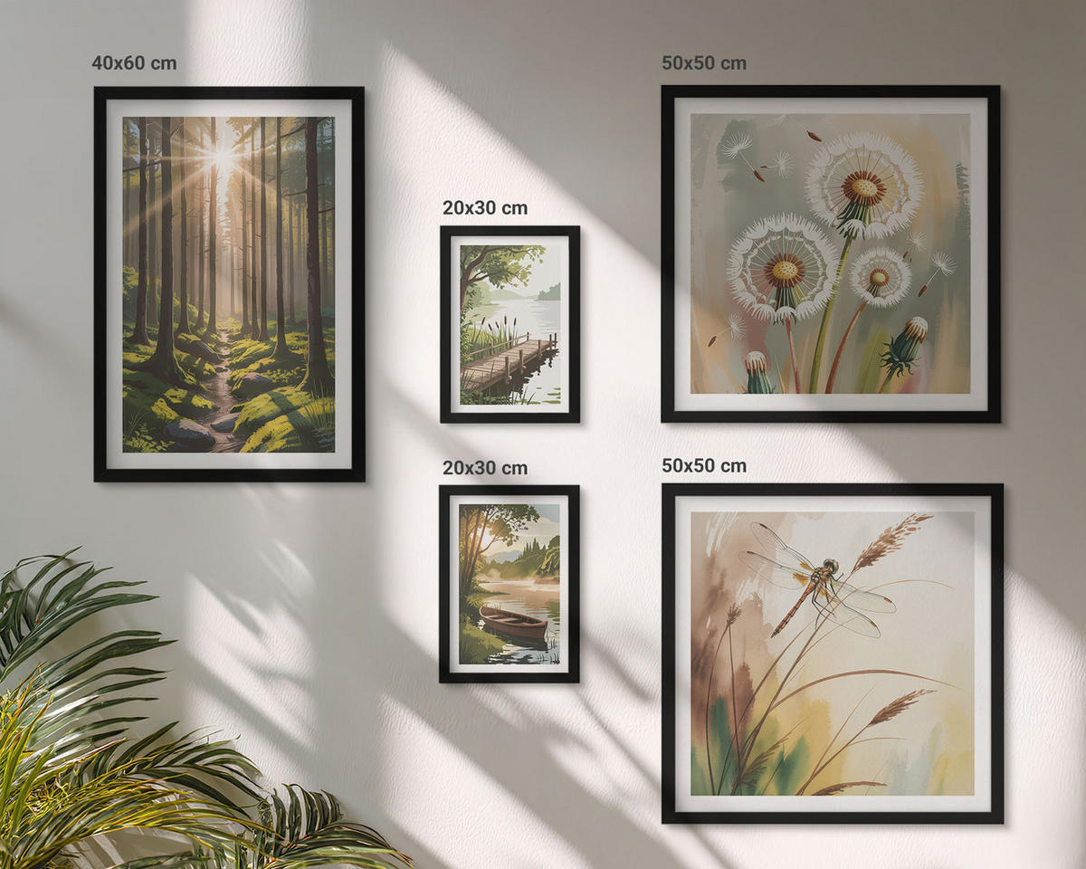 WANDBILDER 5er-Set - 50x50 cm & 20x30 cm & 40x60 cm Schwarzer Rahmen - See, Wald, Boot, Morgennebel - Schwarz, Kunststoff (40/60cm) - ArtPrintCave