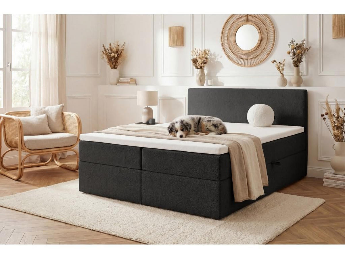 BOXBETT 160x200 cm, QUELLE, Bettkästen mit seitlicher Öffnung, Bouclé-Stoff, Schwarz - Schwarz, Holz/Kunststoff (160/200cm) - Trada