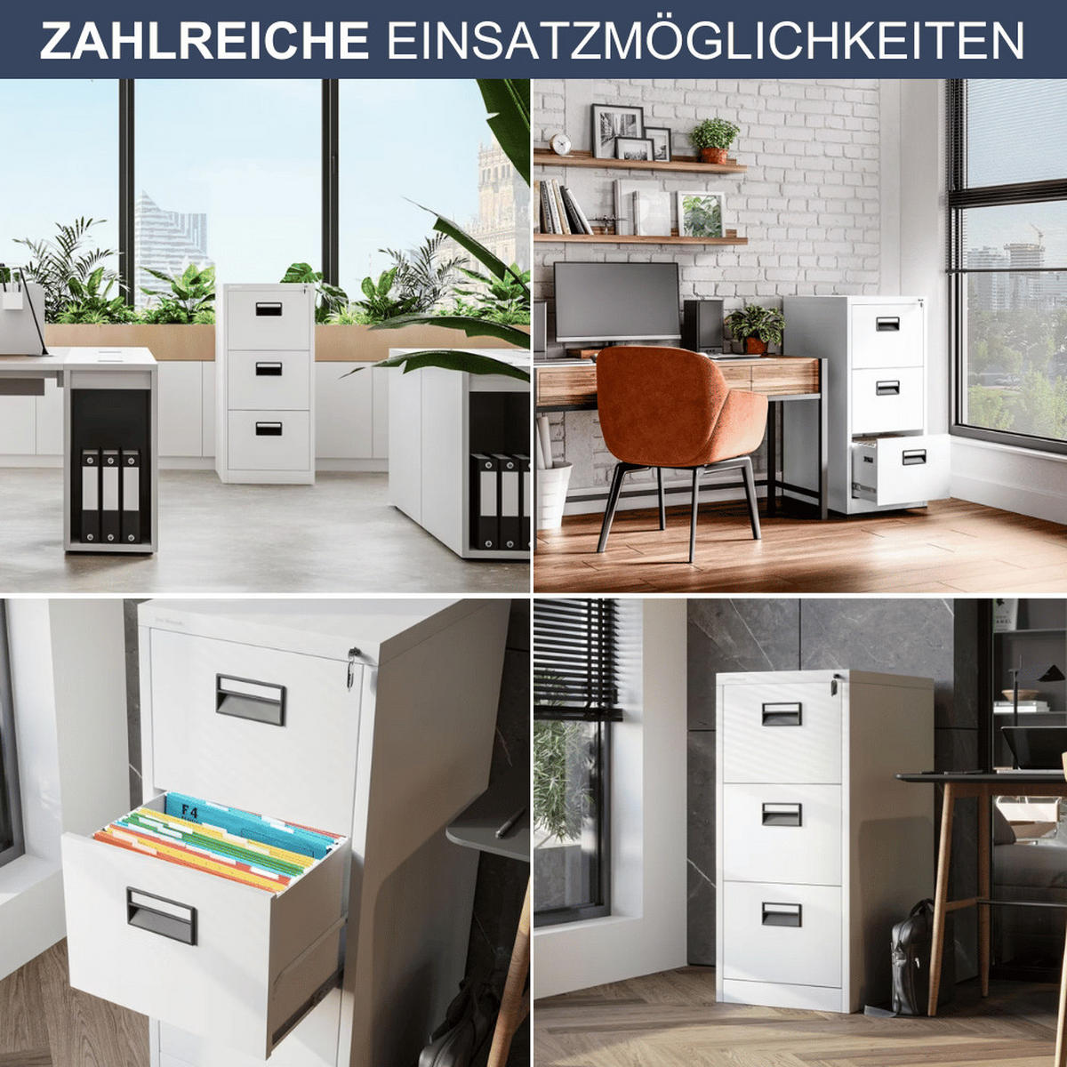 HÄNGEREGISTERSCHRANK abschließbar TION 3 Schubladen 102x46x62cm Weiß - Weiß, Metall (46/102/62cm) - DELUKE