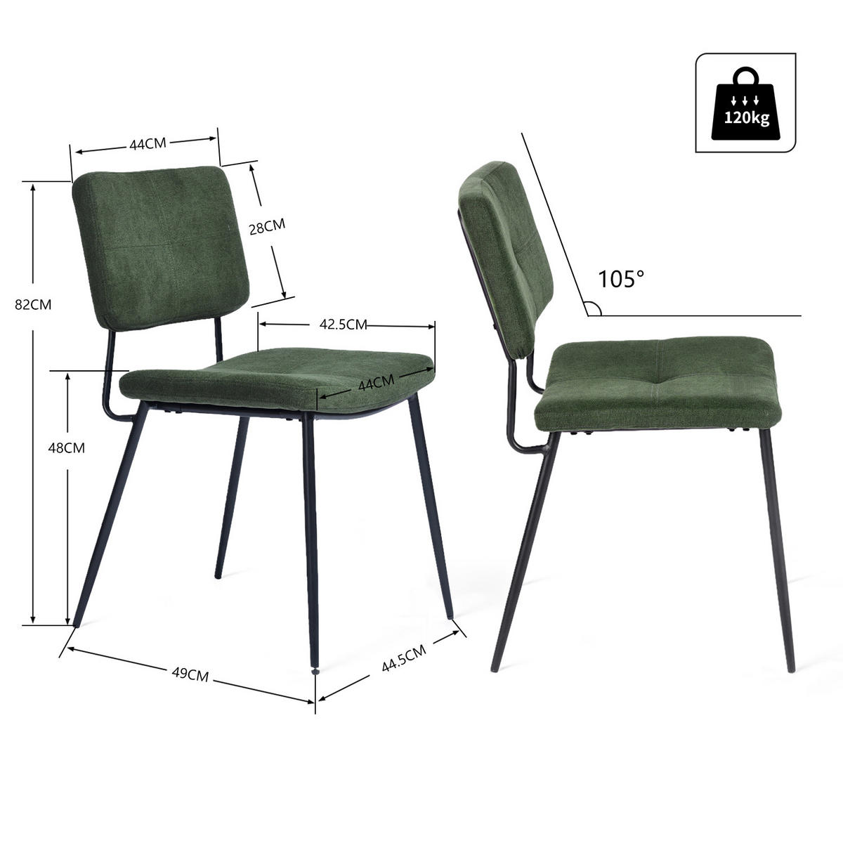 ESSZIMMERSTÜHLE 6er-Set, mit Rückenlehne, gepolsterte Sitzfläche, Stoffbezug, Metallbeine, Grün - Grün, Metall (54/82/45.5cm) - Meubles Cosy