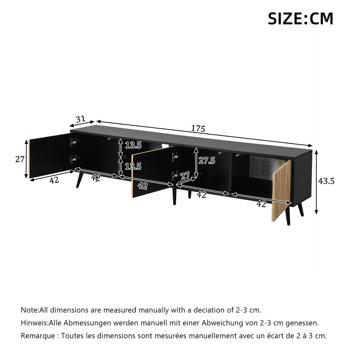TV-LOWBOARD 175/31/43,5 cm naturfarben/schwarz aus Spanplatte mit LED - Naturfarben, Holzwerkstoff (31/43.5/175cm) - OKWISH
