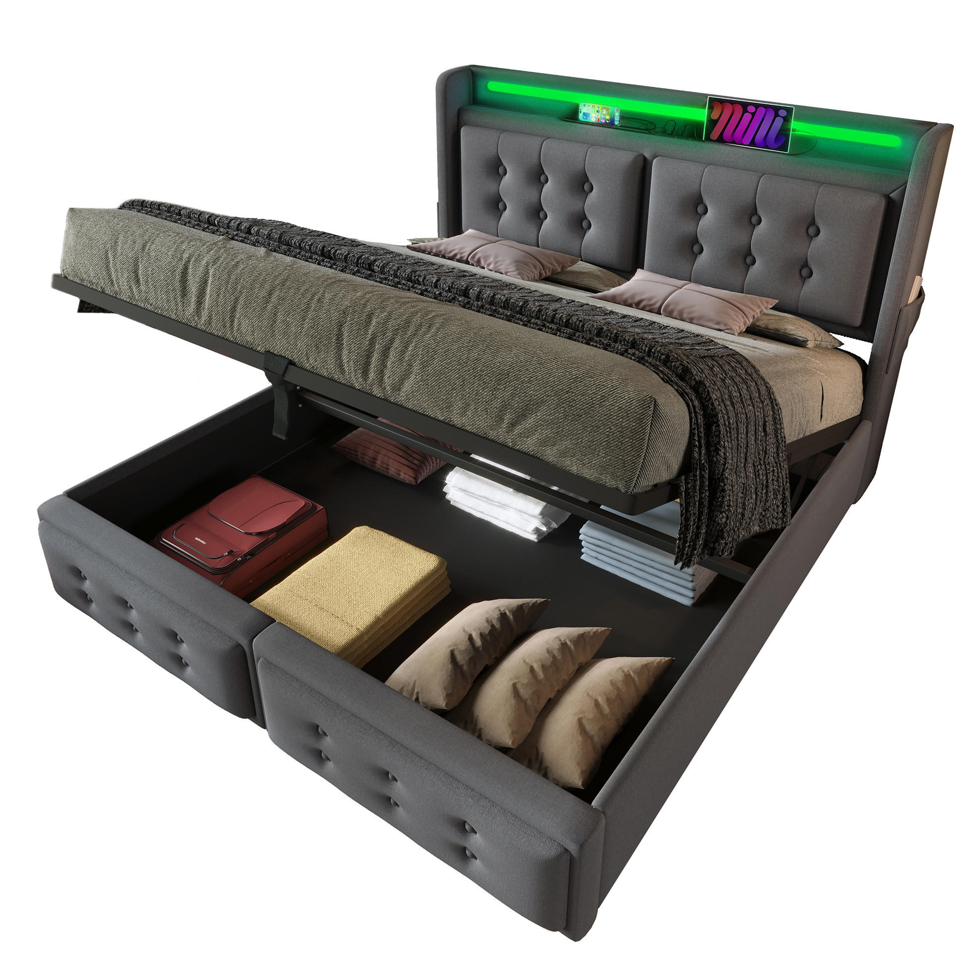 POLSTERBETT 140/200 cm Grau mit Stauraum, LED-Beleuchtung und USB-Anschlüssen - Grau, Textil (140/200cm) - Flora Grace