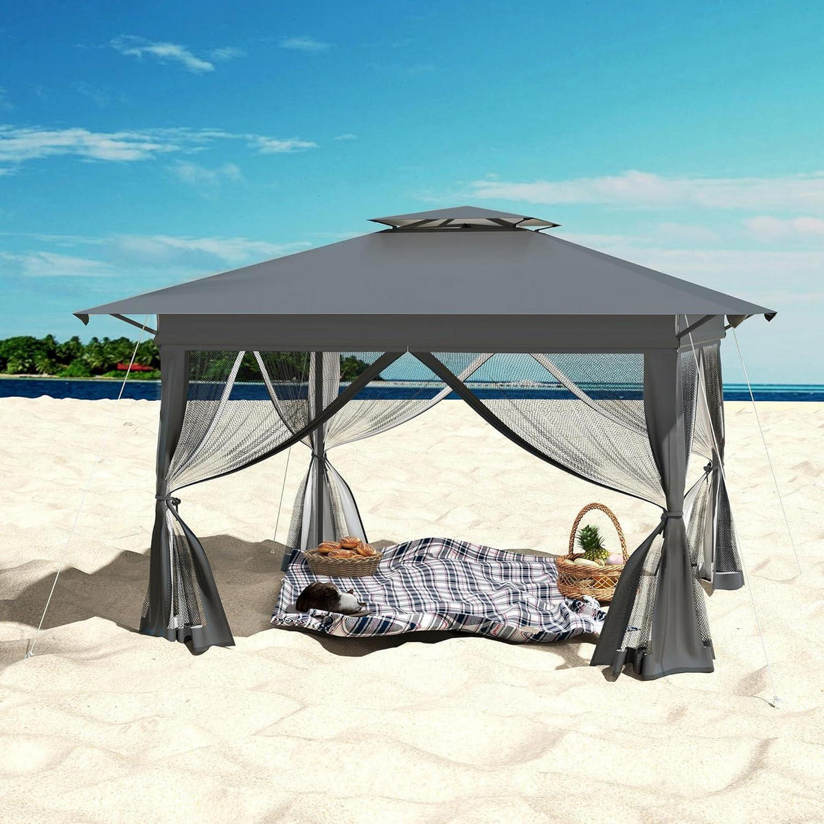 GARTENPAVILLON 400 x 400 cm Anthrazit Höhenverstellbar mit Moskitonetz - Anthrazit, Metall (300/285/400cm)