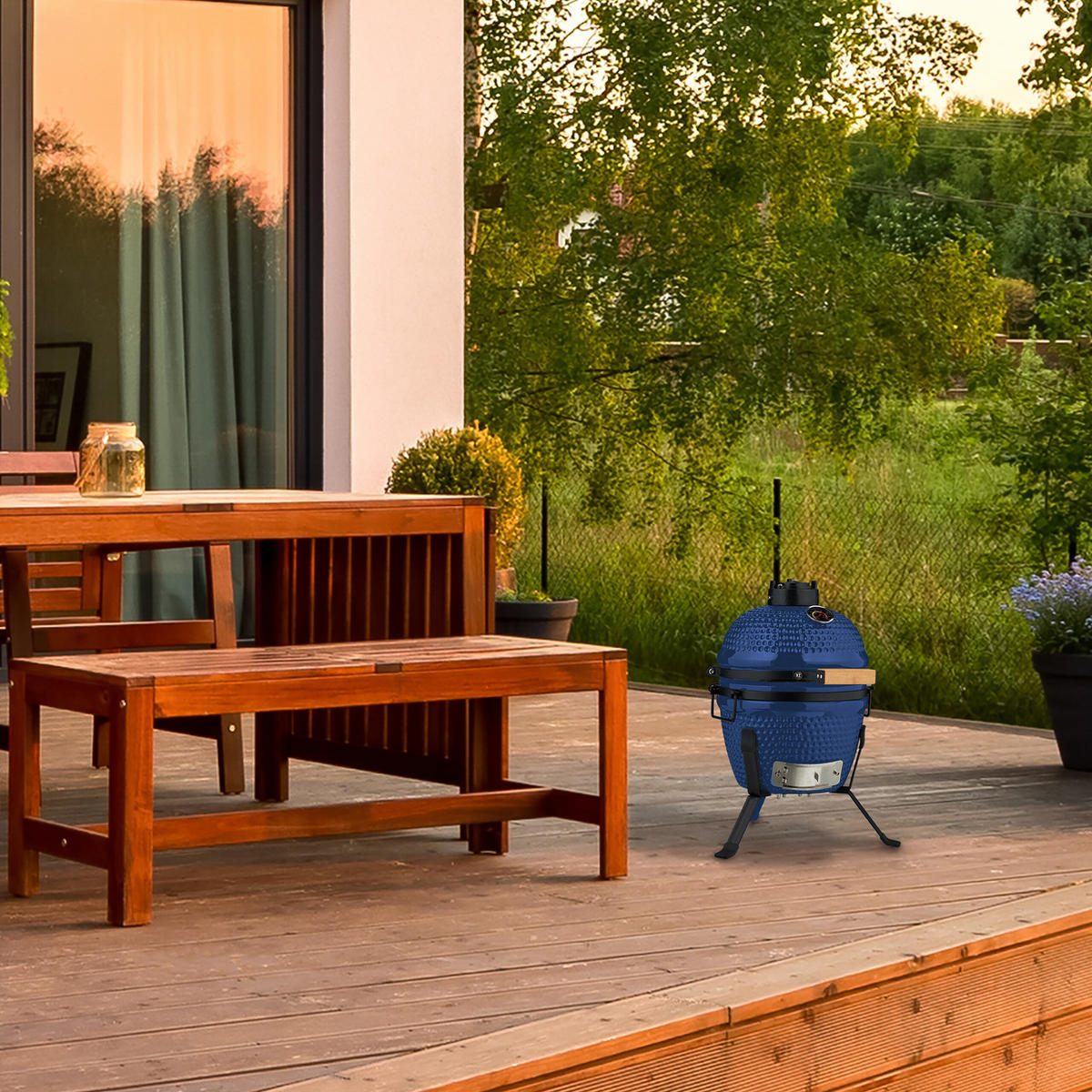 KAMADO-GRILL - Blau, Keramik/Metall (34/56.5cm) - Relaxdays