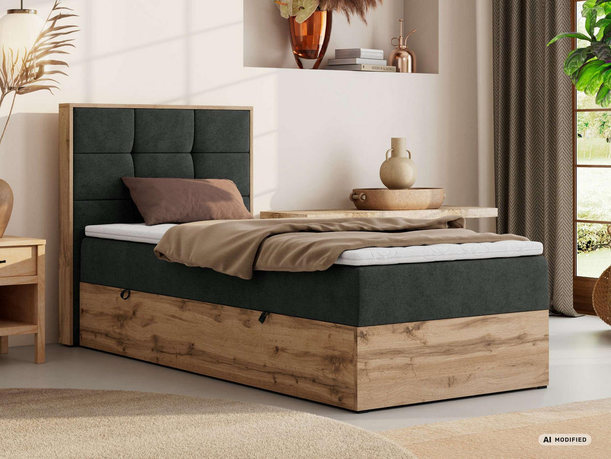 BOXBETT ALBERO 1 90/200 - Dunkelgrau Stukture - Topper Visco - H3 - Links - Dunkelgrau/Anthrazit, Kunststoff/Textil (90/200cm) - MKS