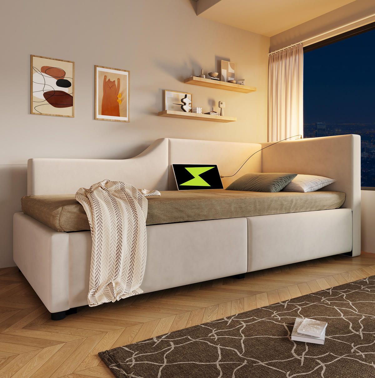POLSTERBETT 90/200 cm in Beige mit Stauraum, Leselampe und USB- und Type-C-Anschlüssen - Beige, Textil (90/200cm) - Flora Grace