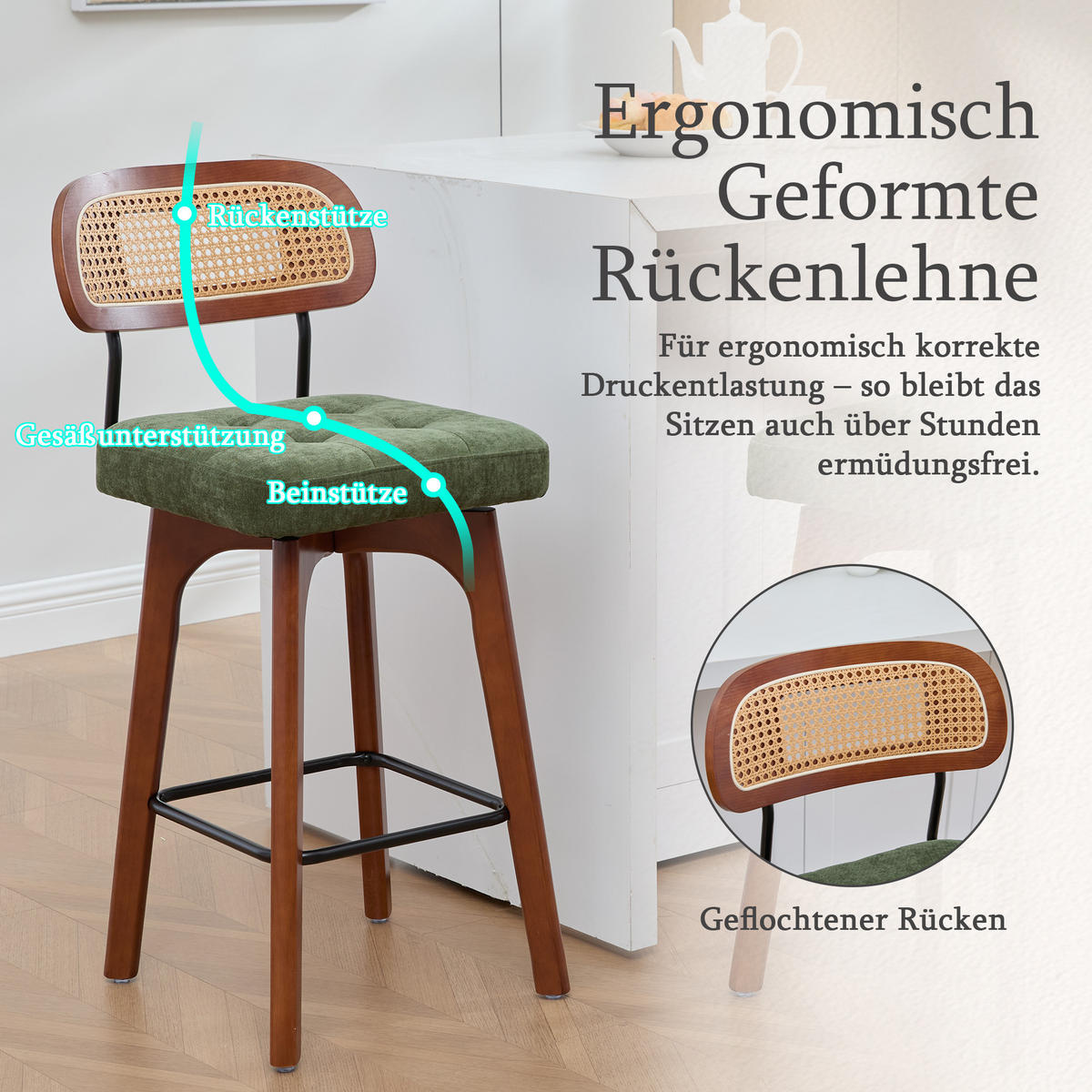 BARHOCKER 2er Set, 360° drehbar, Wiener Geflecht/Chenille, 67,5cm Sitzhöhe, Grün - Wildeiche/Grün, Holz/Textil (44/96/51cm) - LVHOM