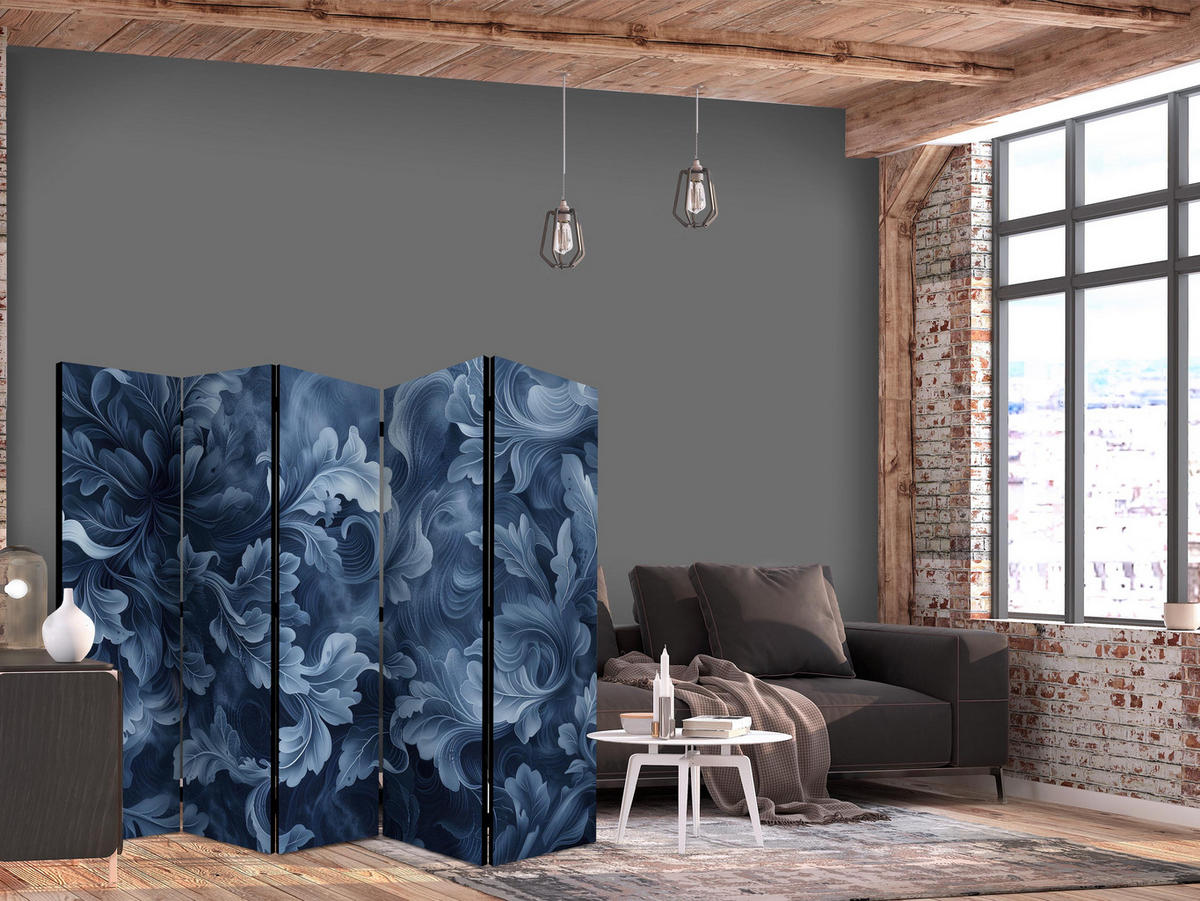 PARAVÁN Jednostranný 5-dielny 225x172 cm Modré Listy - modrá, drevo/textil (225/172/3cm) - Muralo