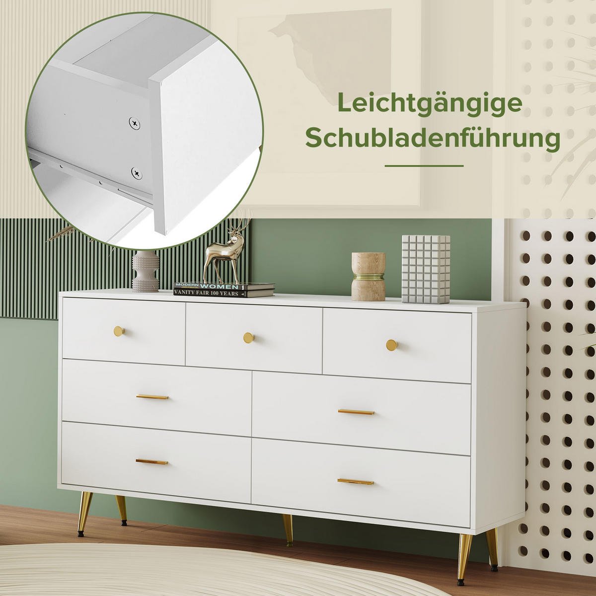 SIDEBOARD mit 6 Schubladen und Goldenen Akzenten, 140/35/76cm - Weiß, Holzwerkstoff/Metall (140/76/35cm) - Urban Meuble