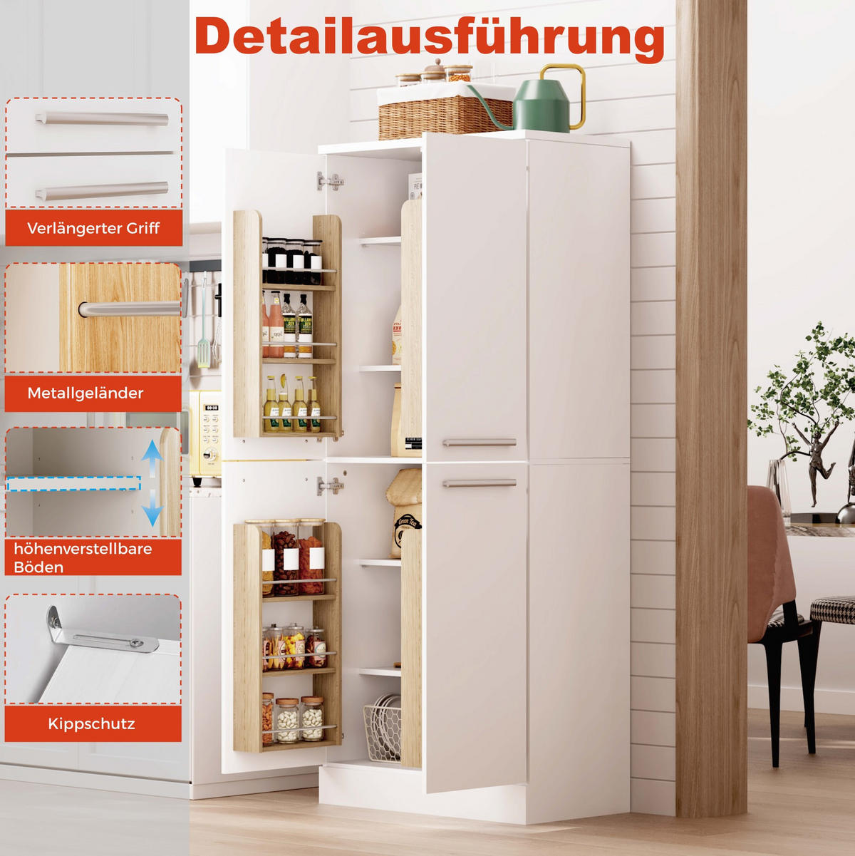 BUFFETSCHRANK 76/42/180 cm mit 4 Türen, höhenverstellbaren Böden und Metallgriffen aus MDF, Weiß Hochglanz - Silberfarben/Weiß, Holzwerkstoff (42/180/76cm) - Redom