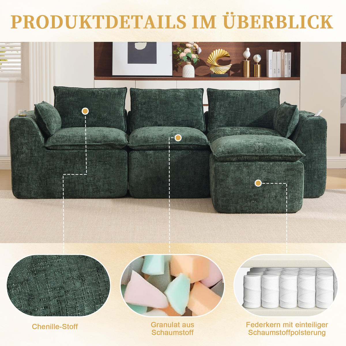 3-SITZER-SOFA aus Chenille, mit Fußhocker und Getränkehalter - Grün, Textil (256/75/161cm) - Urban Meuble