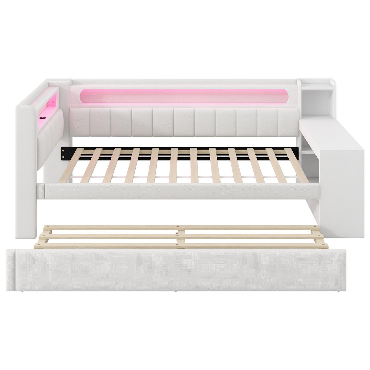 POLSTERBETT 90/200 cm weiß aus MDF mit LED USB Ausziehbett Schreibtisch - Weiß, Holzwerkstoff (90/200cm) - OKWISH